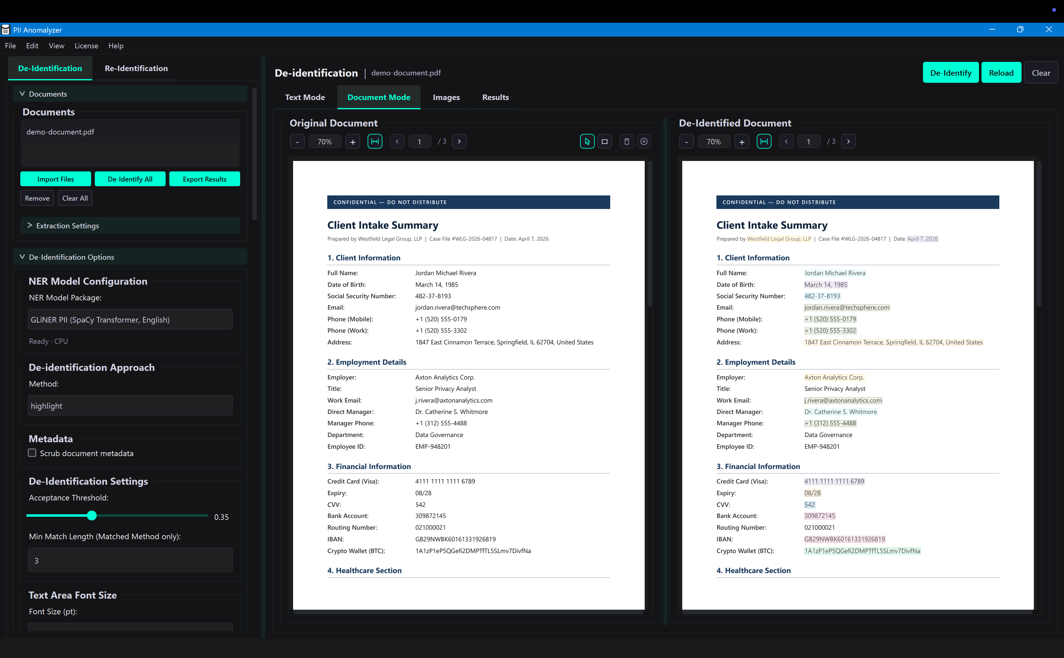 PII Anomalyzer Document Mode showing side-by-side original and de-identified PDF views