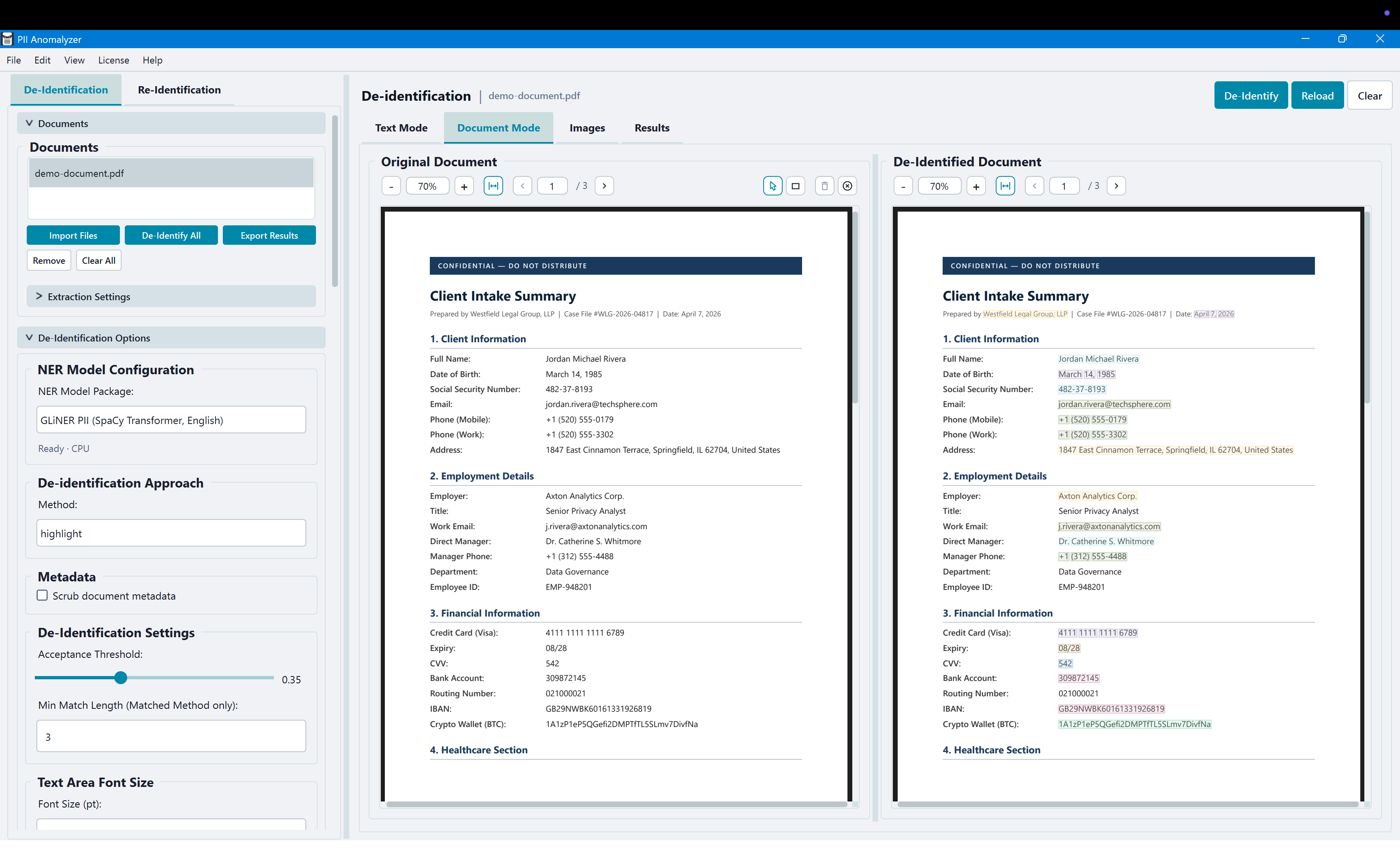 PII Anomalyzer Document Mode showing side-by-side original and de-identified PDF views