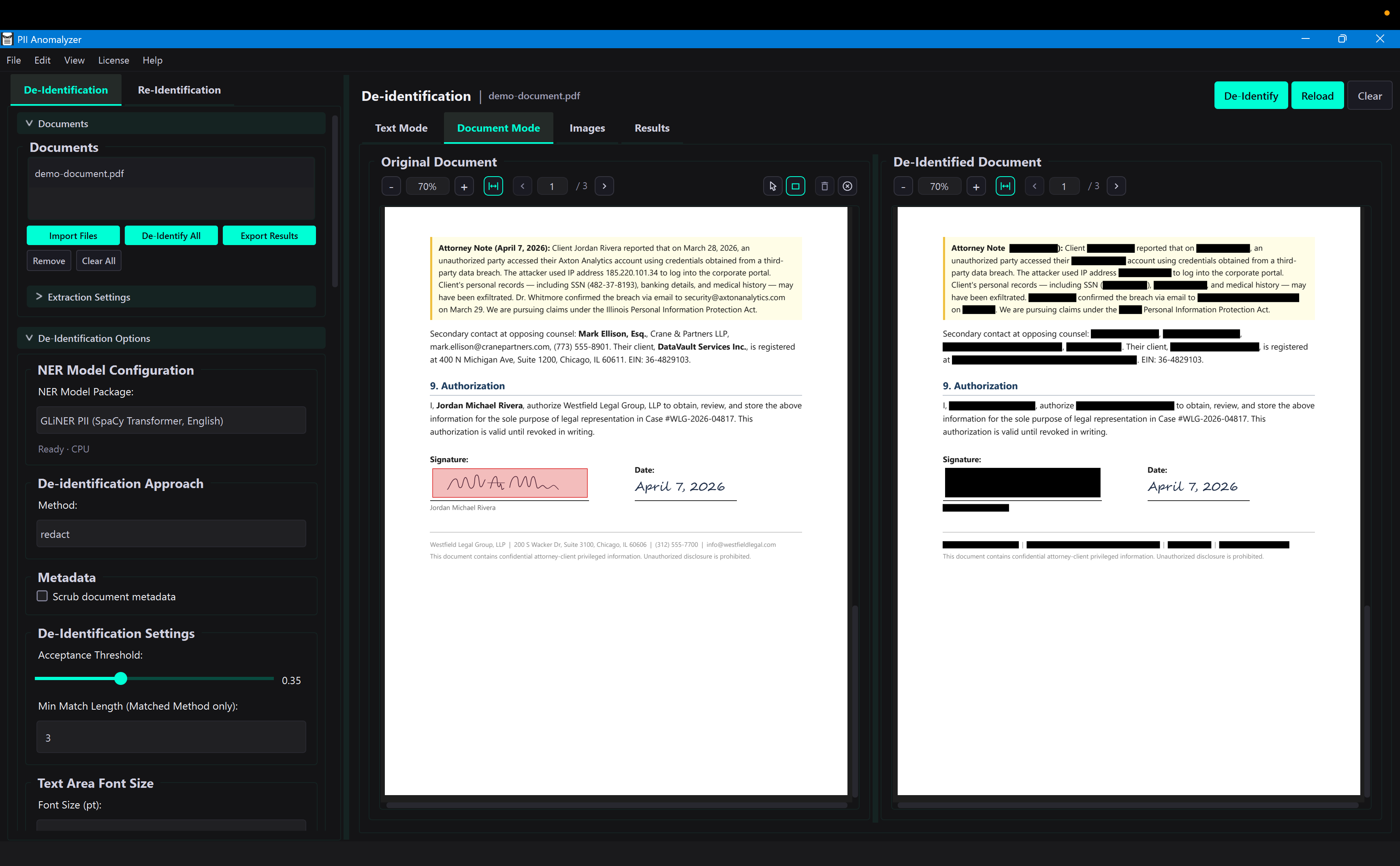 PII Anomalyzer draw-to-redact tool showing a handwritten signature manually redacted with a black bar