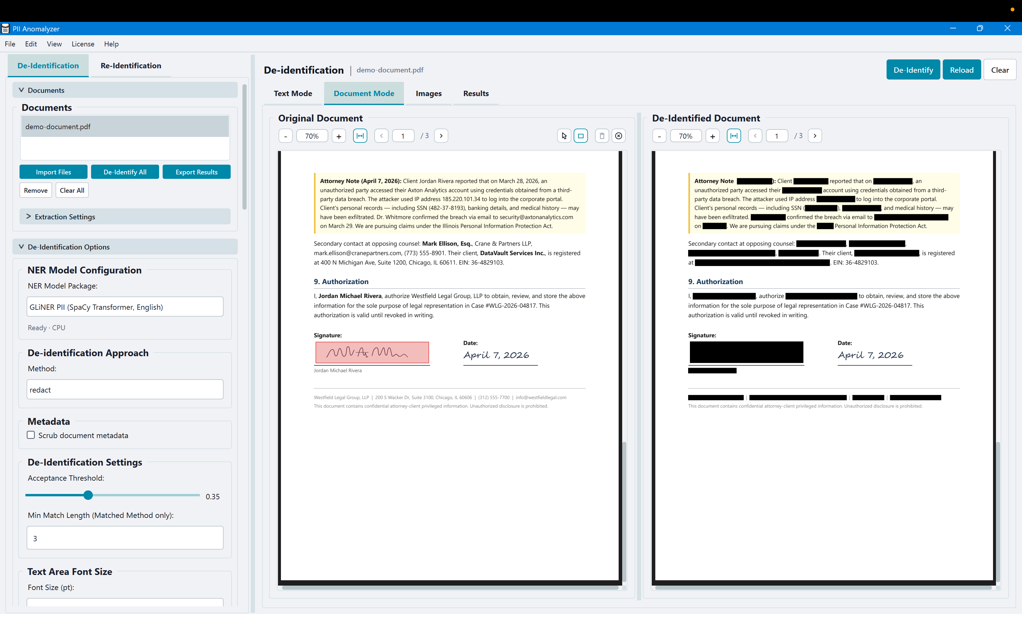 PII Anomalyzer draw-to-redact tool showing a handwritten signature manually redacted with a black bar