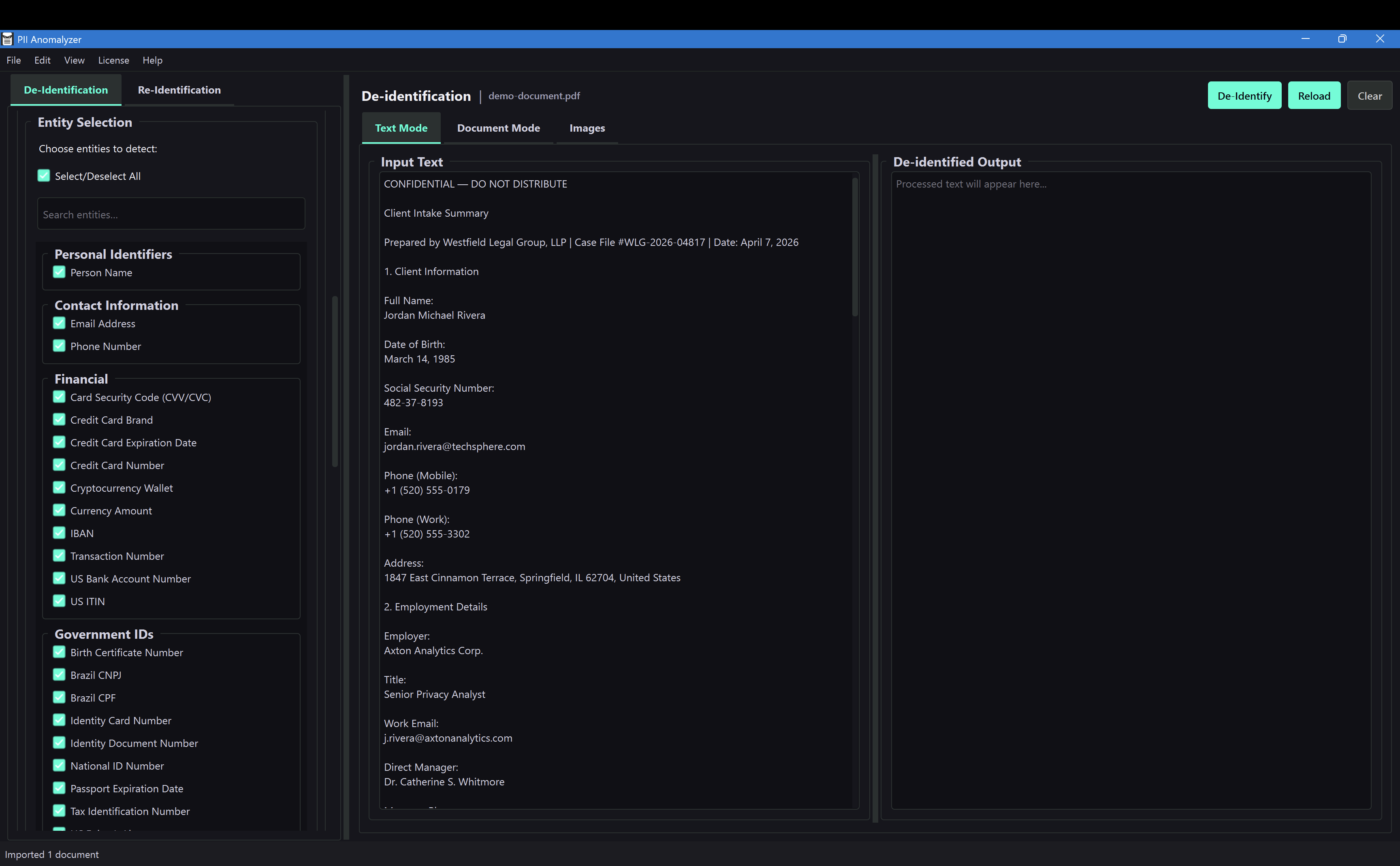 PII Anomalyzer Entity Selection sidebar showing PII types grouped into categories with checkboxes and a search box