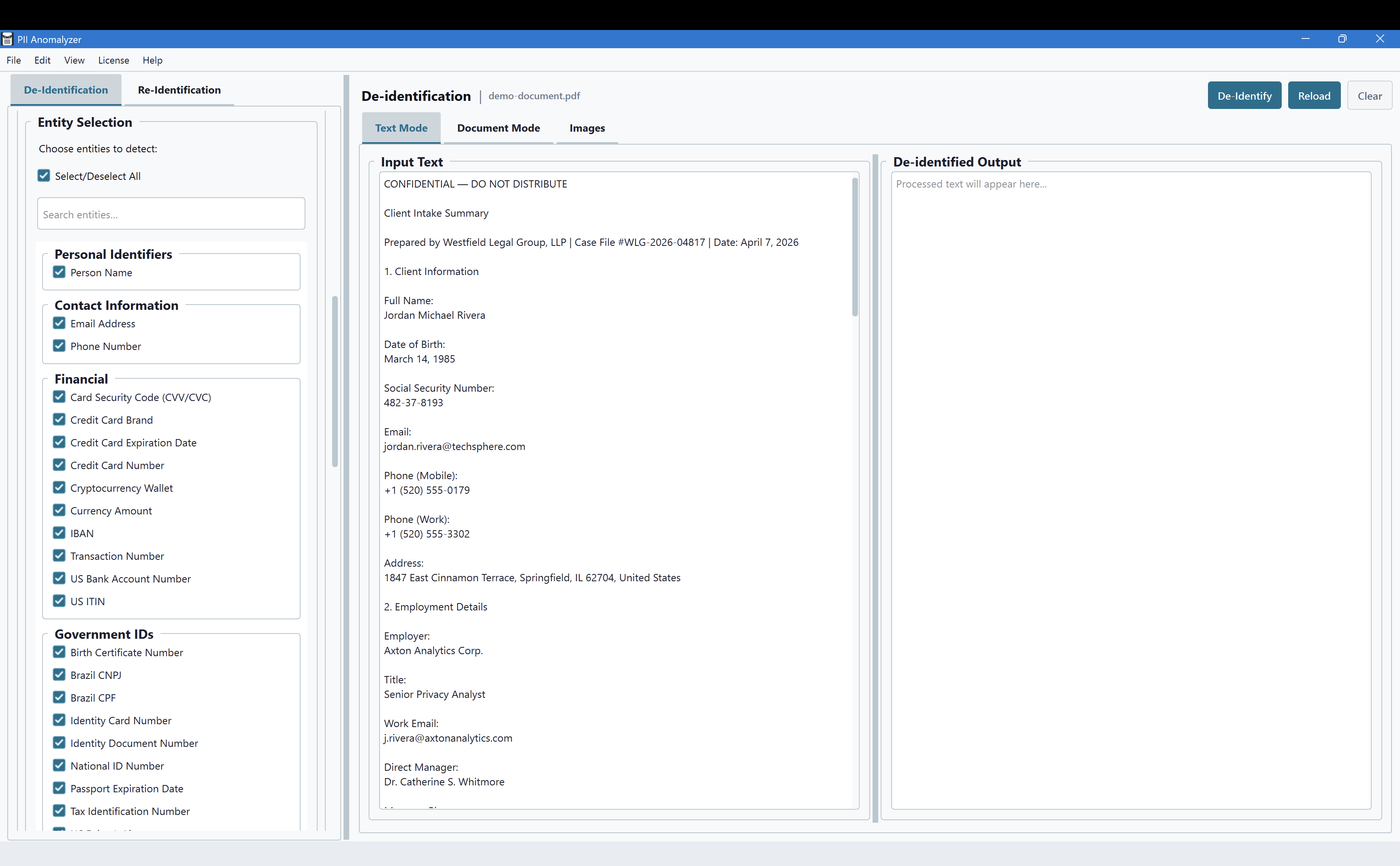 PII Anomalyzer Entity Selection sidebar showing PII types grouped into categories with checkboxes and a search box