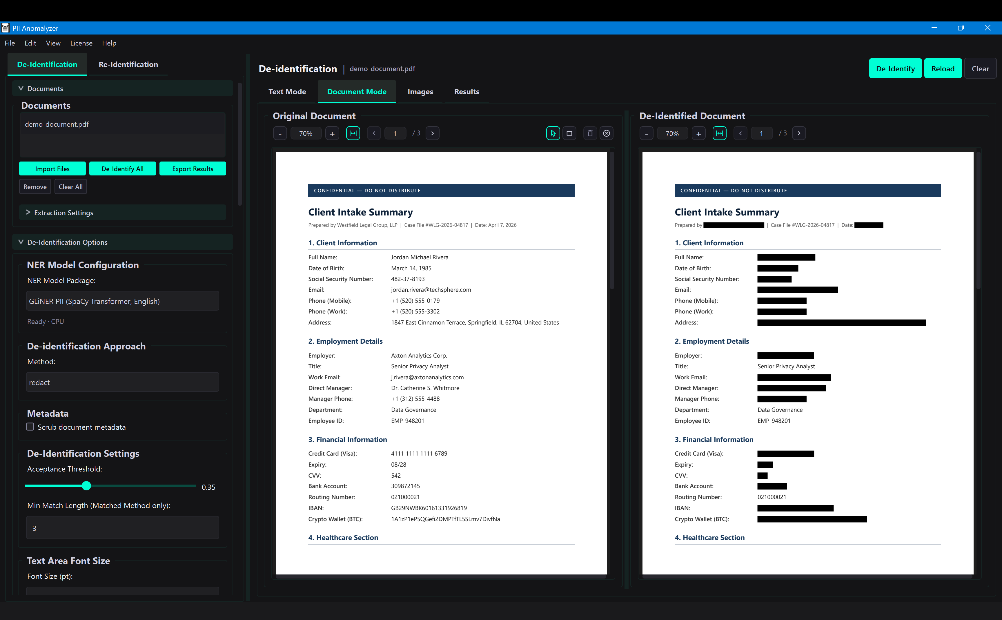 PII Anomalyzer Document Mode showing full black-bar redaction applied to detected PII entities