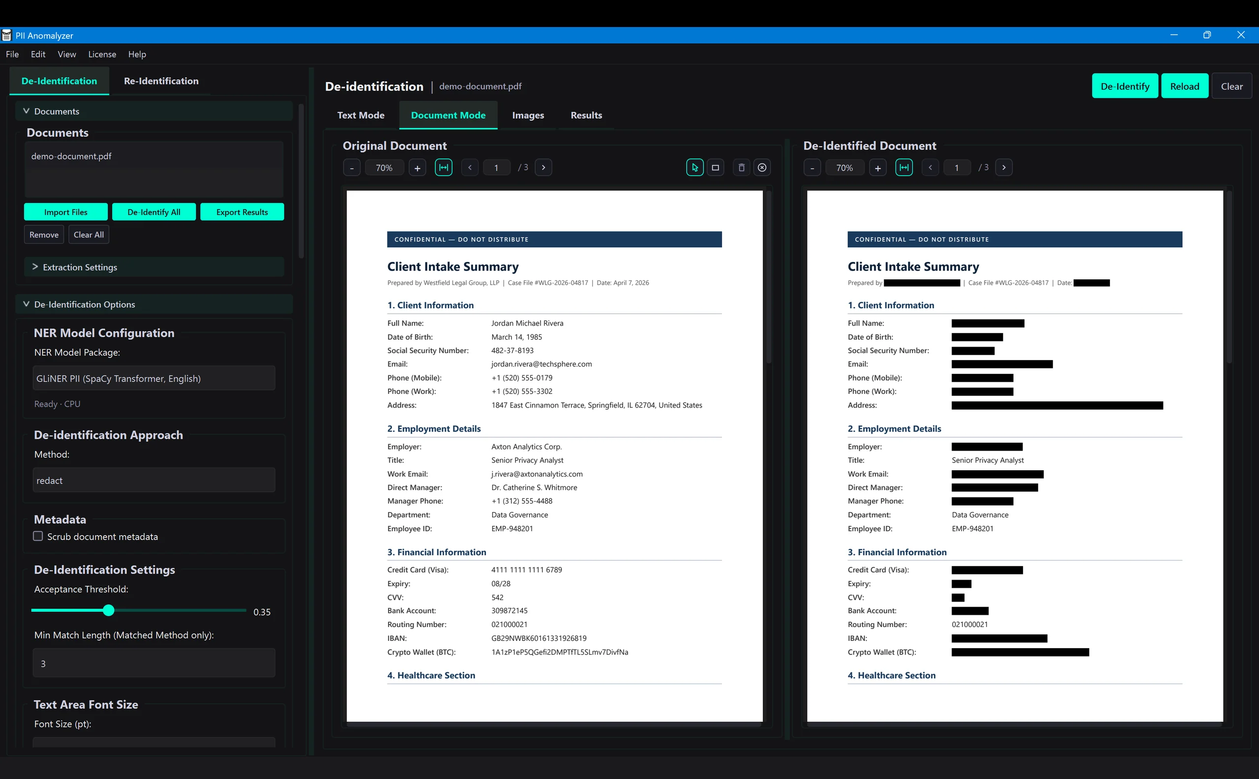 PII Anomalyzer showing permanent black-bar redaction applied to a document, ready to export