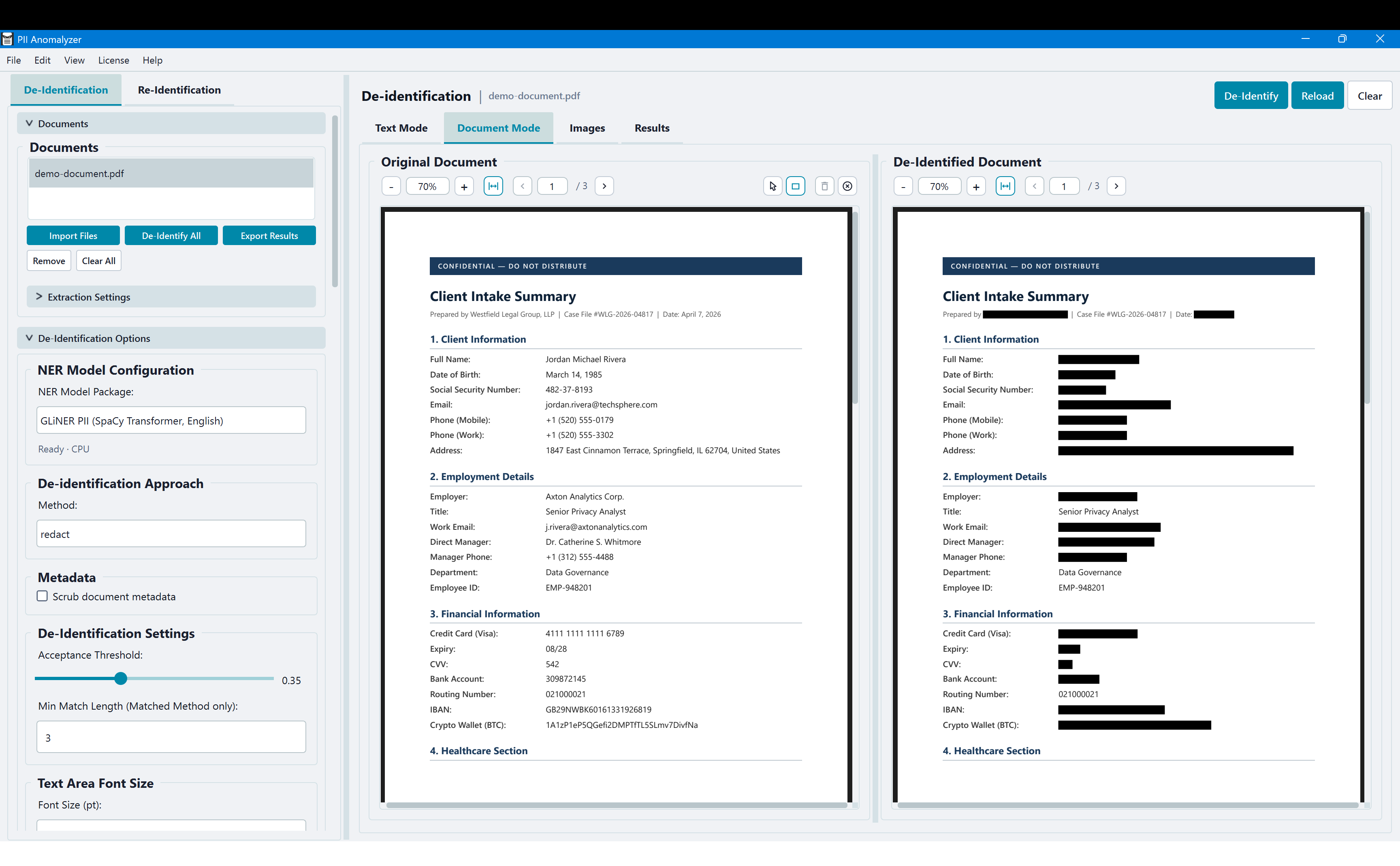 PII Anomalyzer Document Mode showing full black-bar redaction applied to detected PII entities