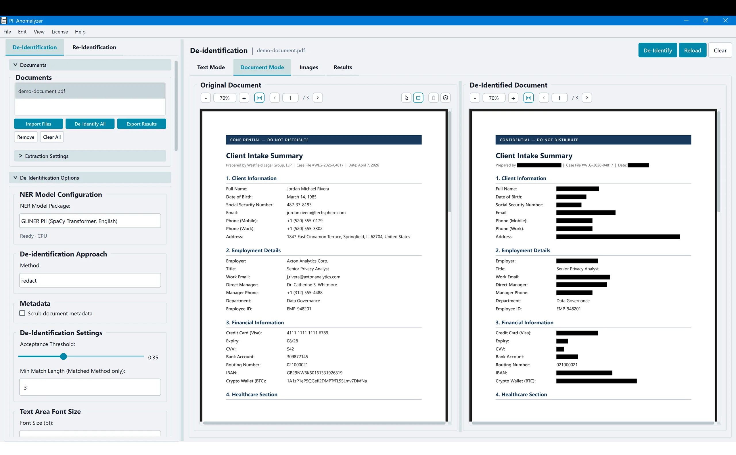 PII Anomalyzer showing permanent black-bar redaction applied to a document, ready to export