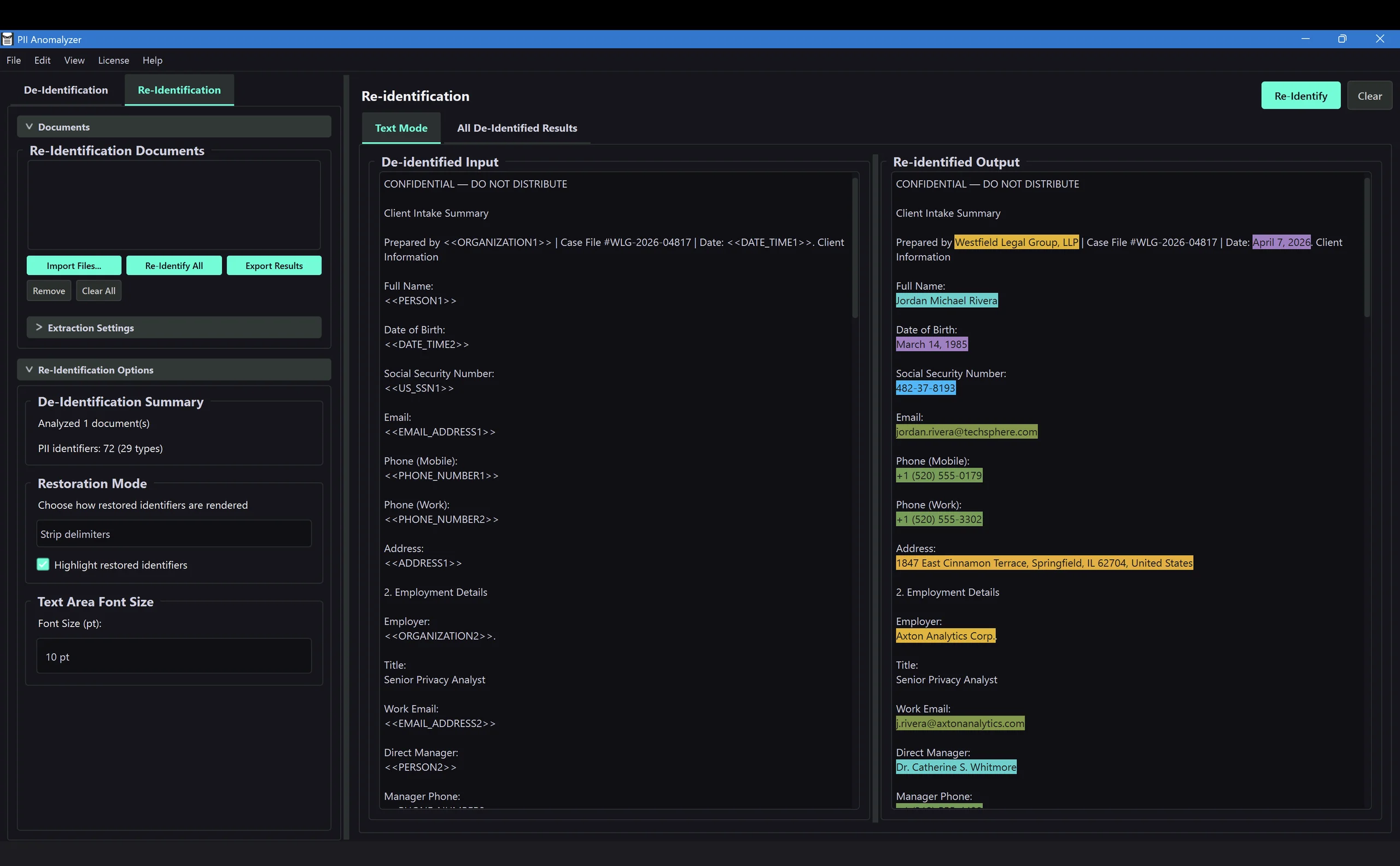PII Anomalyzer Re-identification view showing placeholders on the left restored to their original names, IDs, and addresses, highlighted on the right