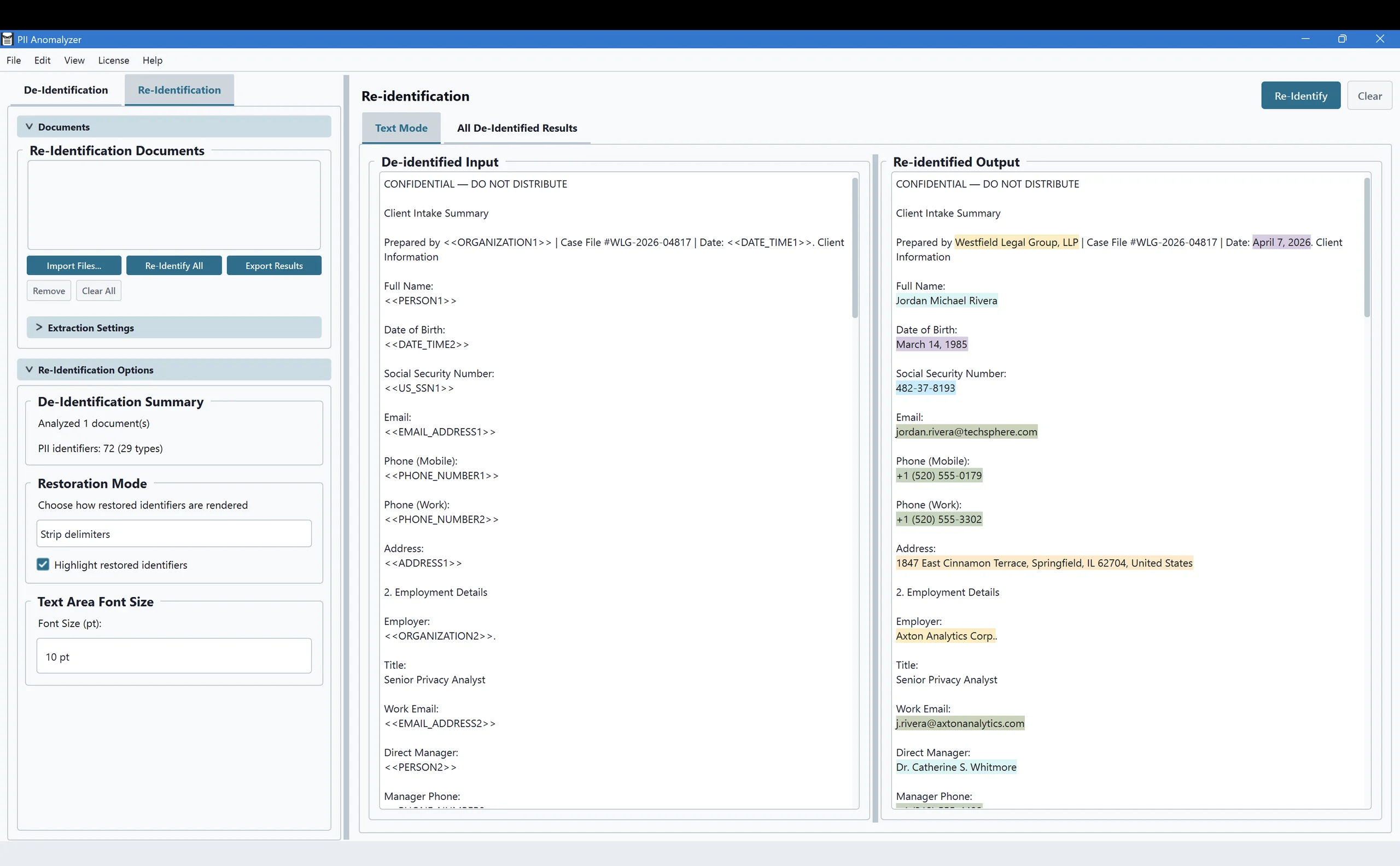 PII Anomalyzer Re-identification view showing placeholders on the left restored to their original names, IDs, and addresses, highlighted on the right