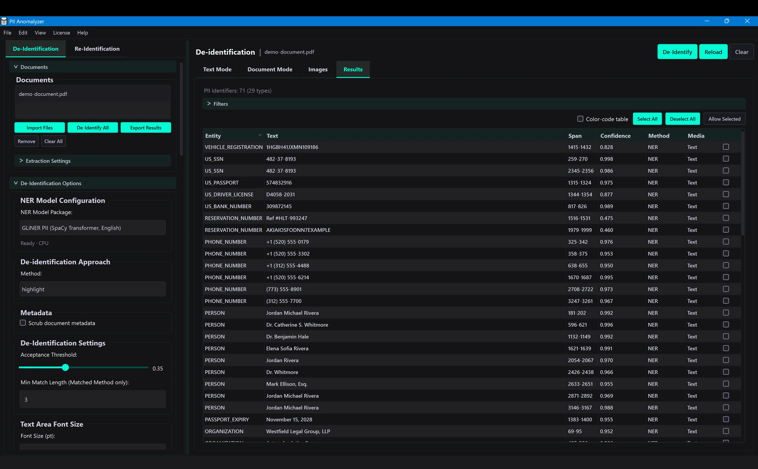 PII Anomalyzer showing a table of the personal data it detected in a case file, each entry ready for the user to review before choosing how to handle it