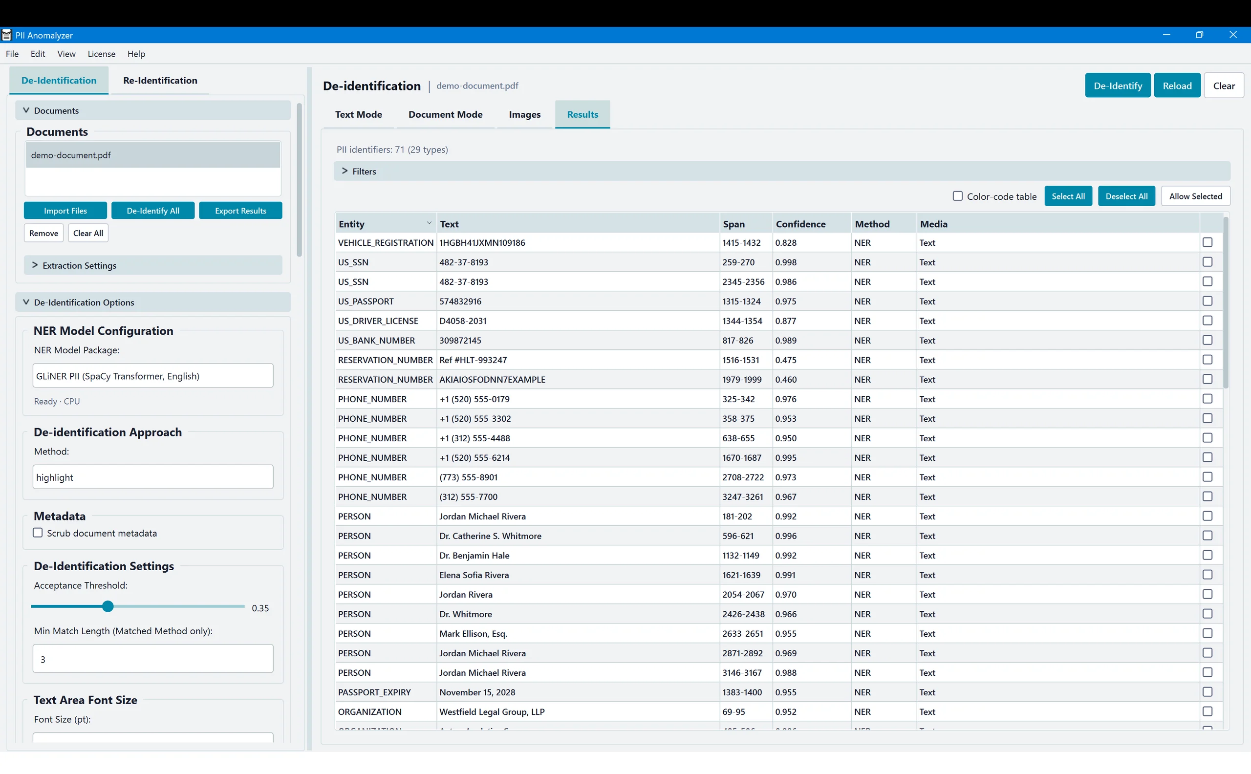 PII Anomalyzer showing a table of the personal data it detected in a case file, each entry ready for the user to review before choosing how to handle it