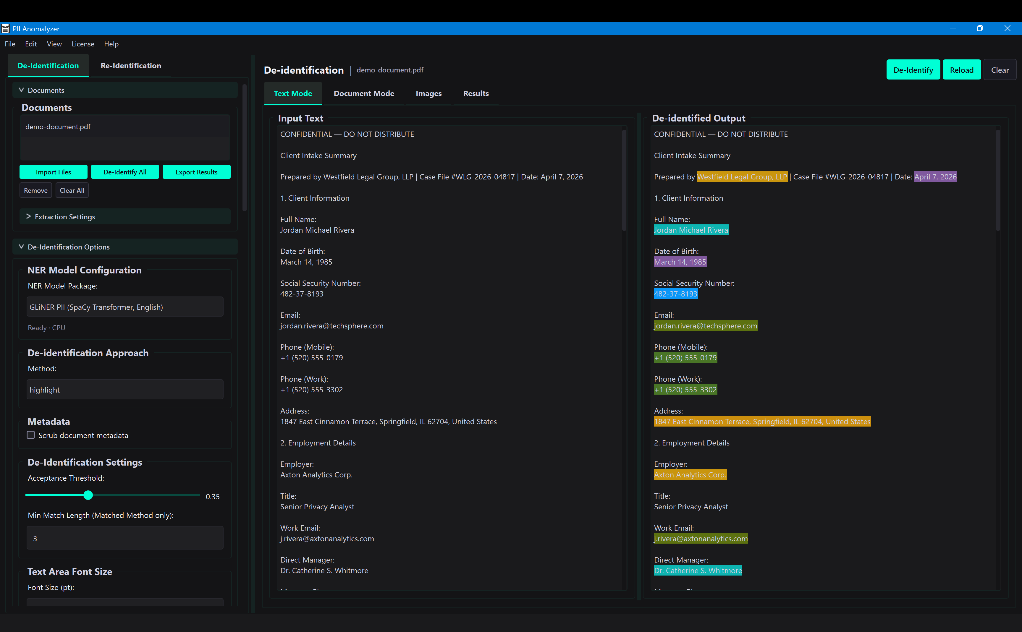 PII Anomalyzer Text Mode showing highlighted PII entities in a client intake document
