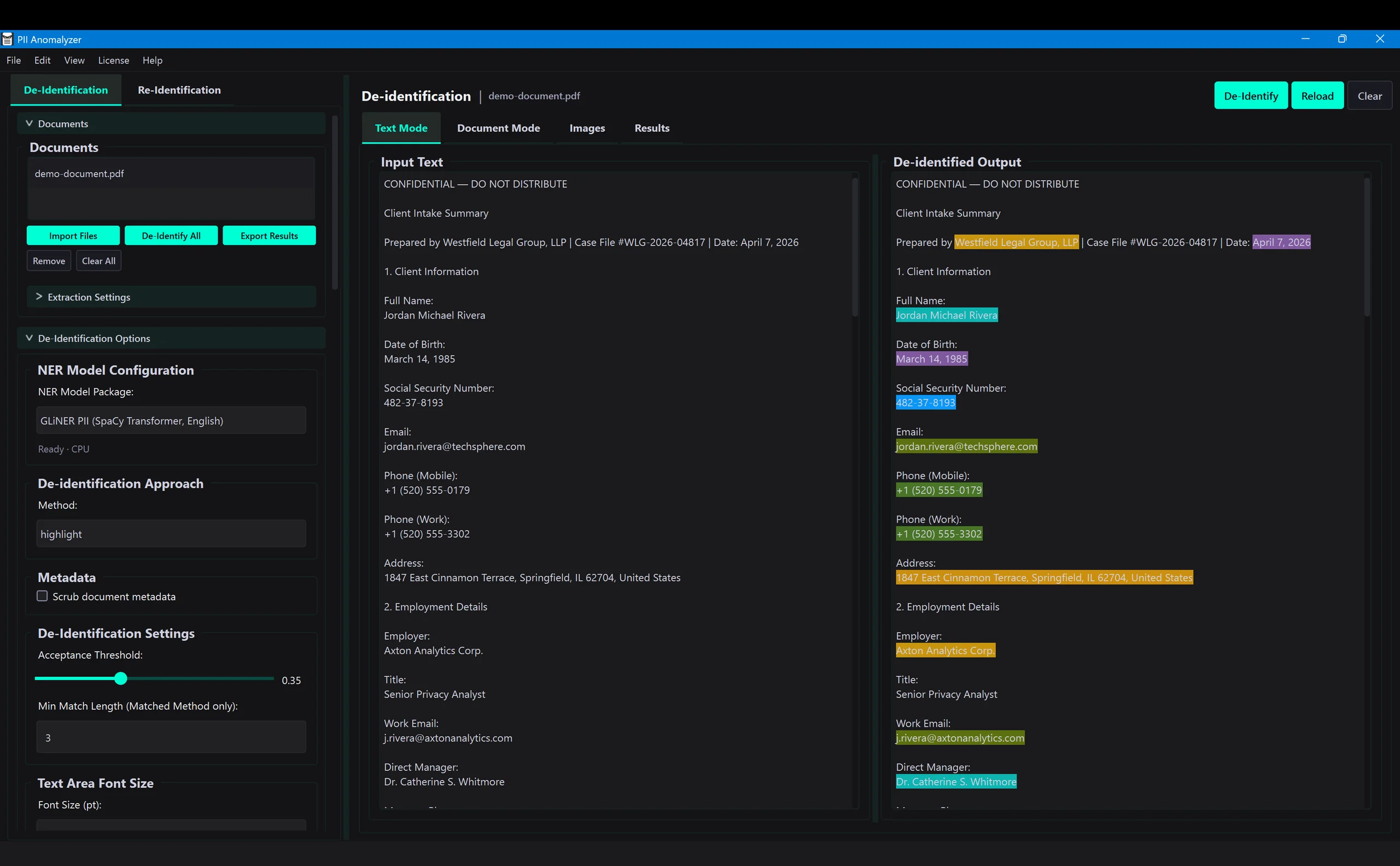PII Anomalyzer Text Mode showing highlighted PII entities in a client intake document