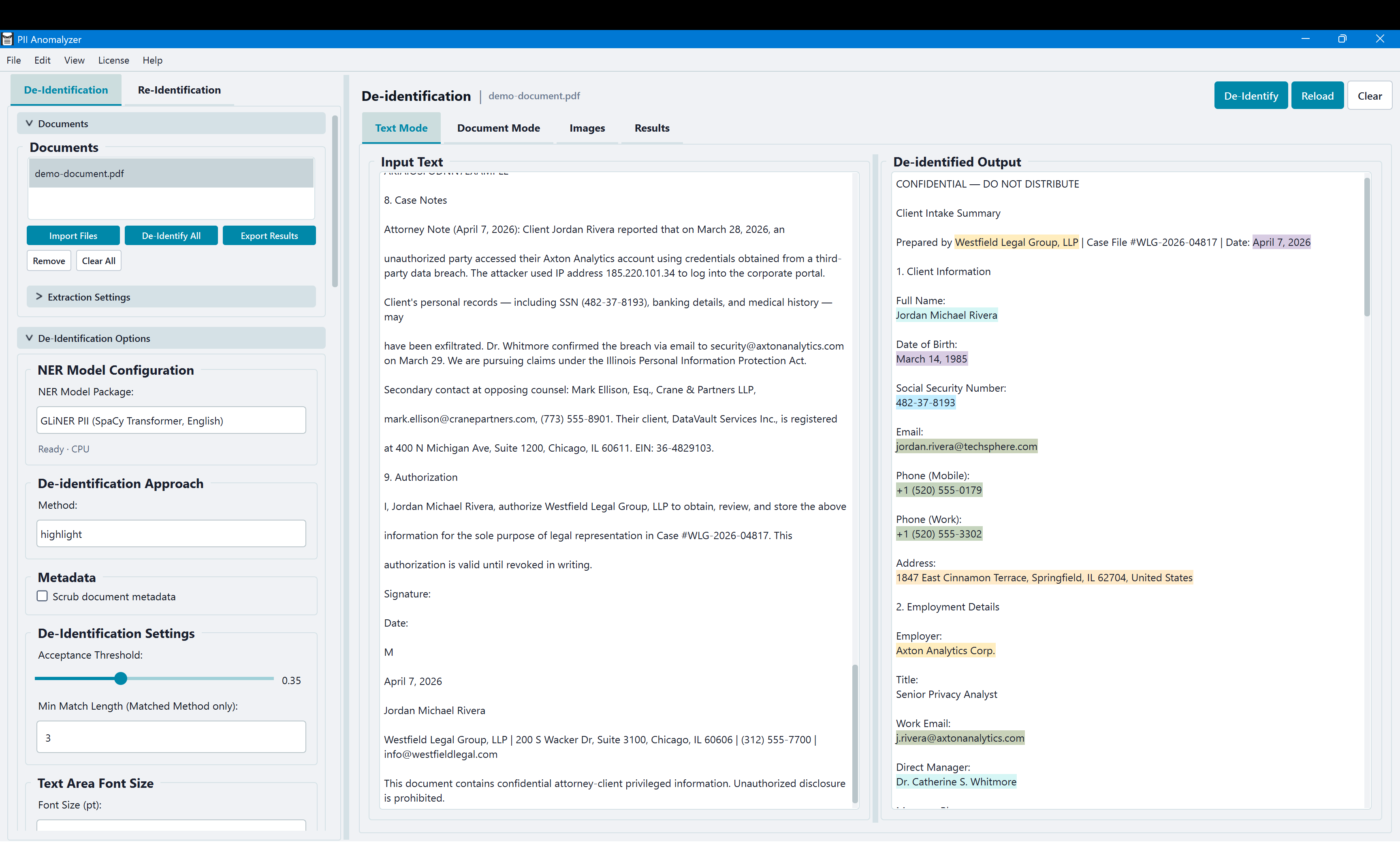PII Anomalyzer Text Mode showing highlighted PII entities in a client intake document